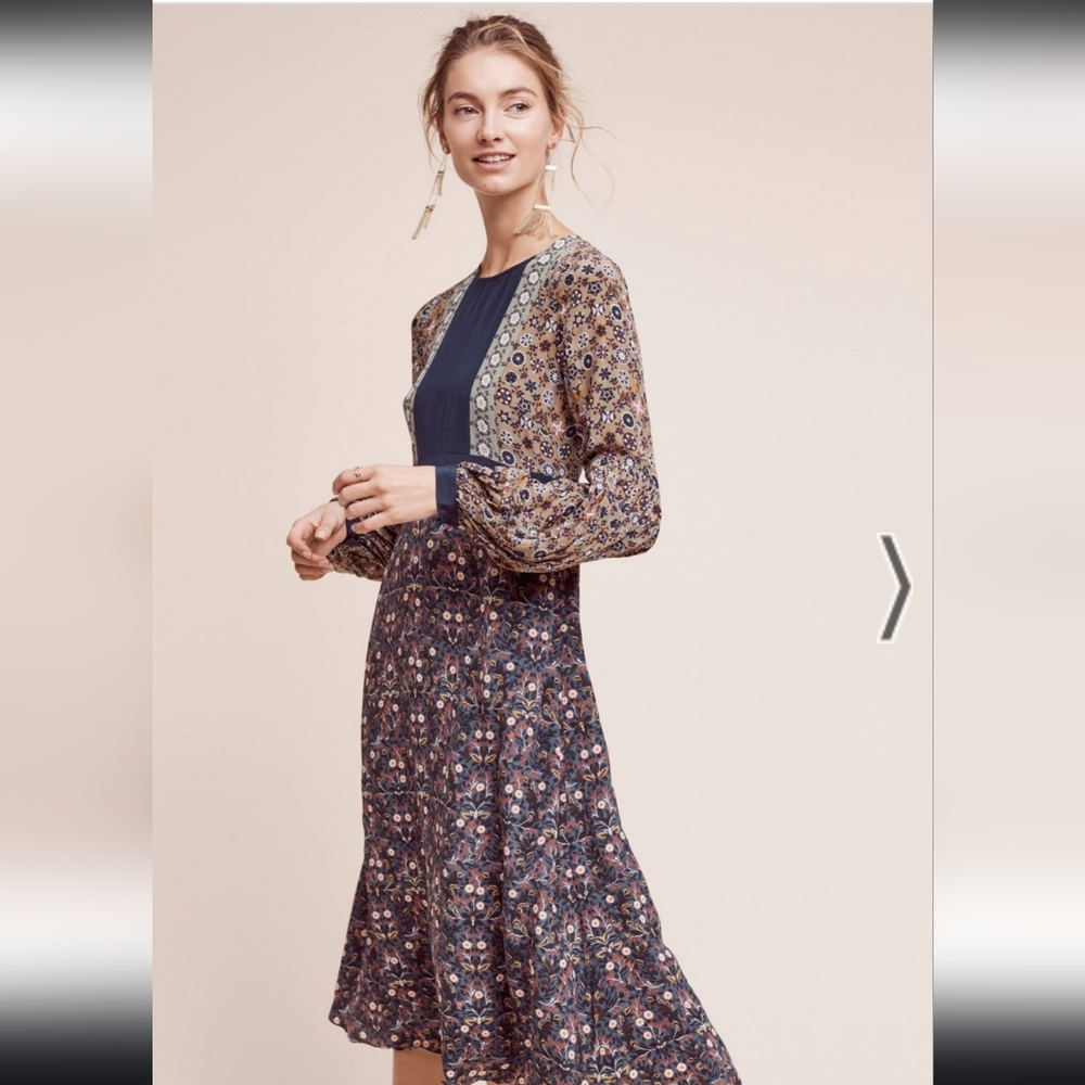NWT Anthropologie Dress 12 Womens Tanvi Kedia Silk Bohemian Floral Midi
